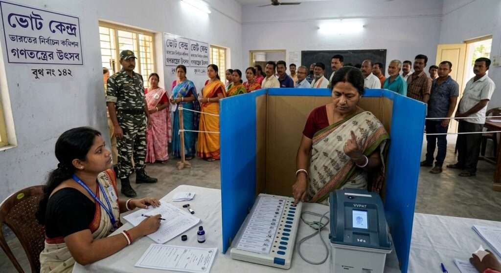 Indian voters casting their vote at a polling booth using EVM and VVPAT during the West Bengal Assembly Election 2026 - পশ্চিমবঙ্গ বিধানসভা নির্বাচন ২০২৬