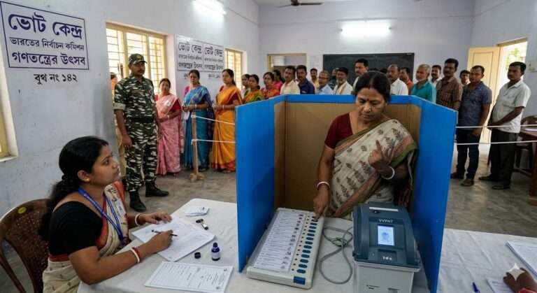 Indian voters casting their vote at a polling booth using EVM and VVPAT during the West Bengal Assembly Election 2026 - পশ্চিমবঙ্গ বিধানসভা নির্বাচন ২০২৬