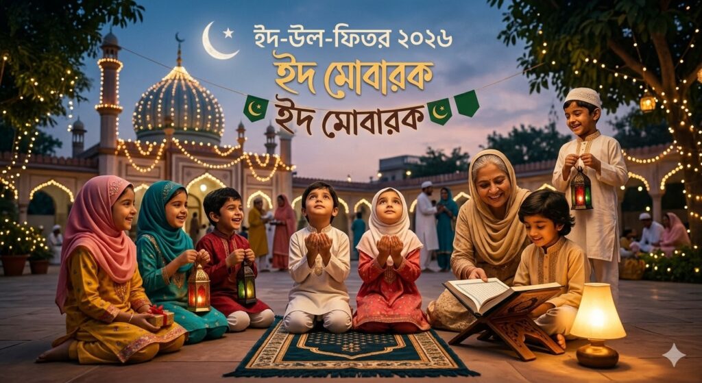 Seven diverse children and an elder woman gather at dusk in an illuminated mosque courtyard for Eid-ul-Fitr 2026 in India. Two children are praying, while another is reading the Quran. They are surrounded by decorative lights and lanterns. Large Bengali text reads 'Eid-ul-Fitr 2026' and 'Eid Mubarak'.