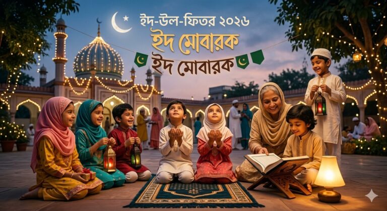 Seven diverse children and an elder woman gather at dusk in an illuminated mosque courtyard for Eid-ul-Fitr 2026 in India. Two children are praying, while another is reading the Quran. They are surrounded by decorative lights and lanterns. Large Bengali text reads 'Eid-ul-Fitr 2026' and 'Eid Mubarak'.